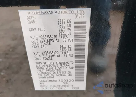 2013 Infiniti Jx35 z USA, uszkodzony, nr VIN 5N1AL0MN3DC309320